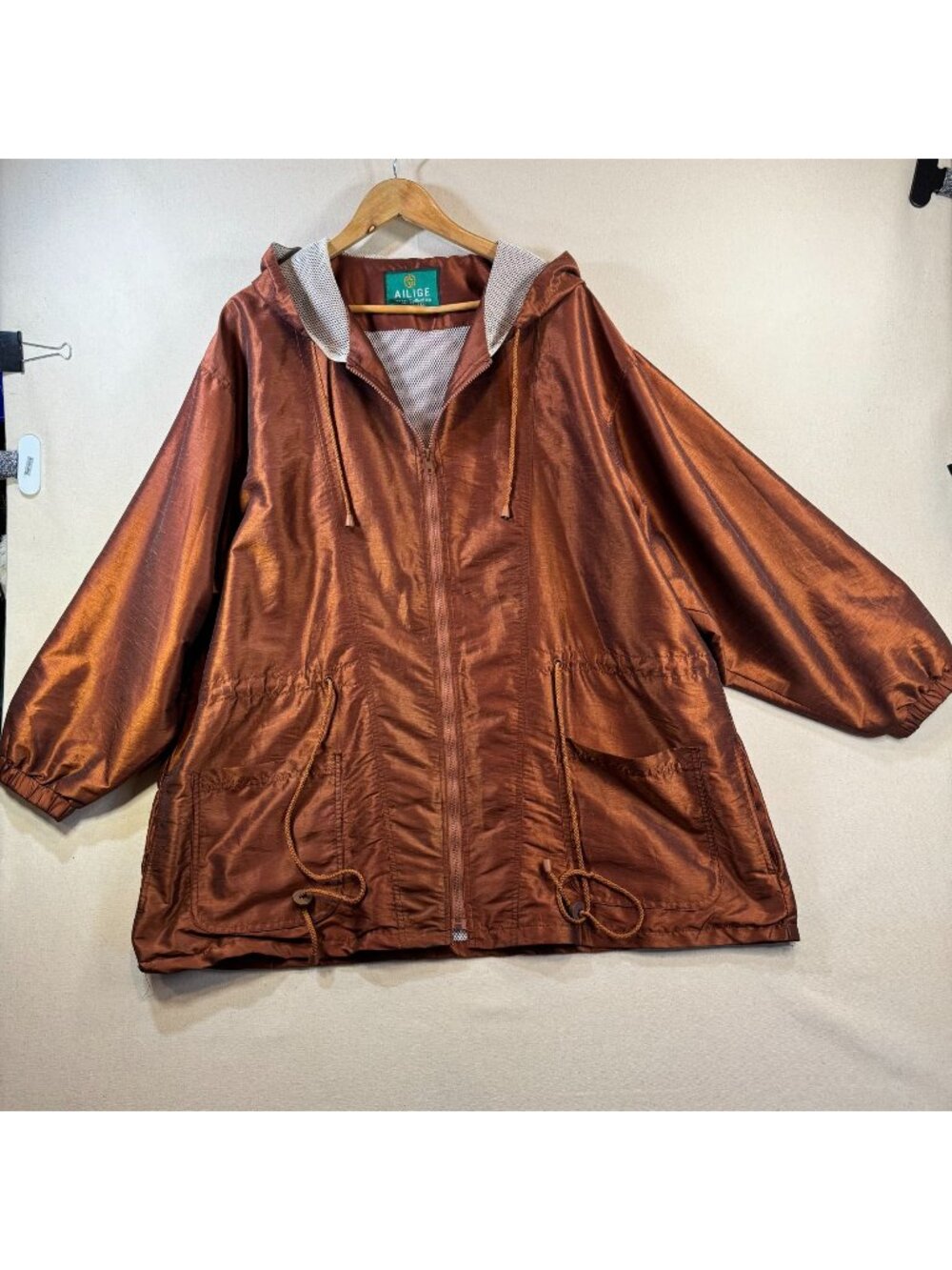 HK114 - Vintage AILIGE Hooded Jacket 2XL Copper Bronze Metallic Look Zip Drawstr